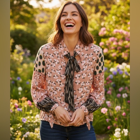 Blink Tops - Pebbled Pink Floral Tie-Neck Blouse with Contrast Sleeve Detail